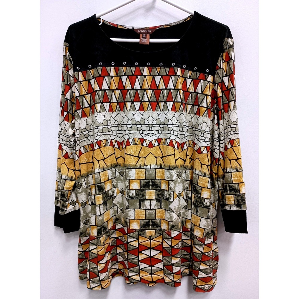 Multiples Art To Wear Tunic Top Womens XL Abstract Faux Suede Studded 3/4 Sleeve
